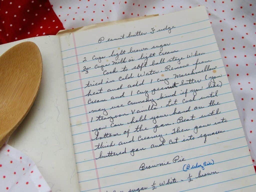 Aunt Hen's Recipe for Peanut Butter Fudge handwritten in a cookbook of her favorite recipes.
