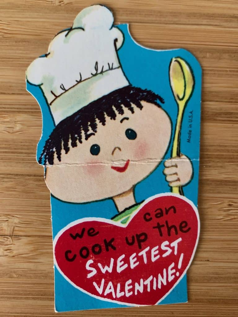 A 1960s school valentine that reads "We can cook up the Sweetest Valentine!"