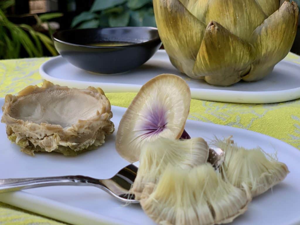 An artichoke heart being peeled with a whole artichoke in the background.