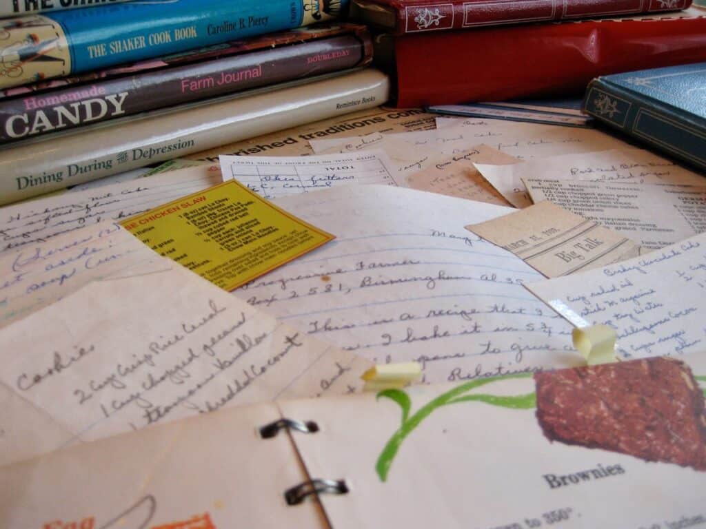 Old cookbooks, community cookbooks, letters and recipes jotted on scraps of paper are all good source material for an heirloom cookbook.