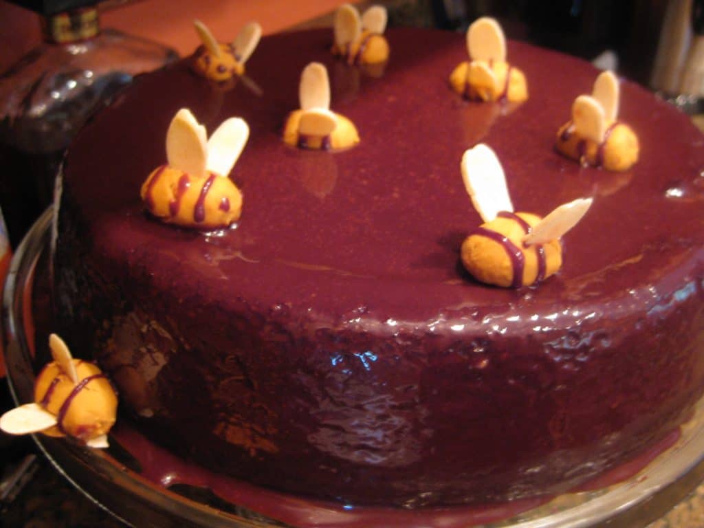 Honey Chocolate Cake topped with marzipan bees.