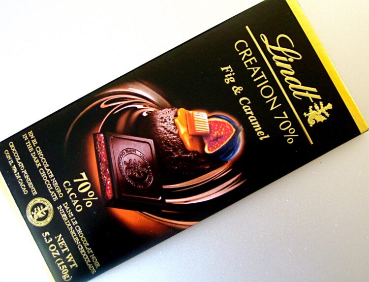 A Lindt dark chocolate bar with fig & caramel.