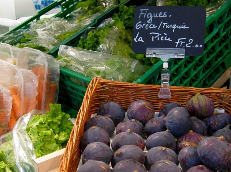 Figs for sale in a market stall in Lausanne, Switzerland.