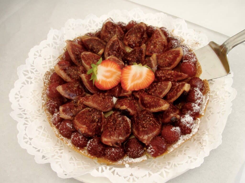 A Fig Tart served at a buffet dinner in Lausanne, Switzerland.