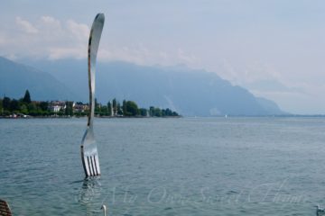 Fork Sculpture in Lake Geneva at the Alimentarium in Vevey, Switzerland