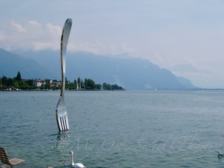 Fork Sculpture in Lake Geneva at the Alimentarium in Vevey, Switzerland