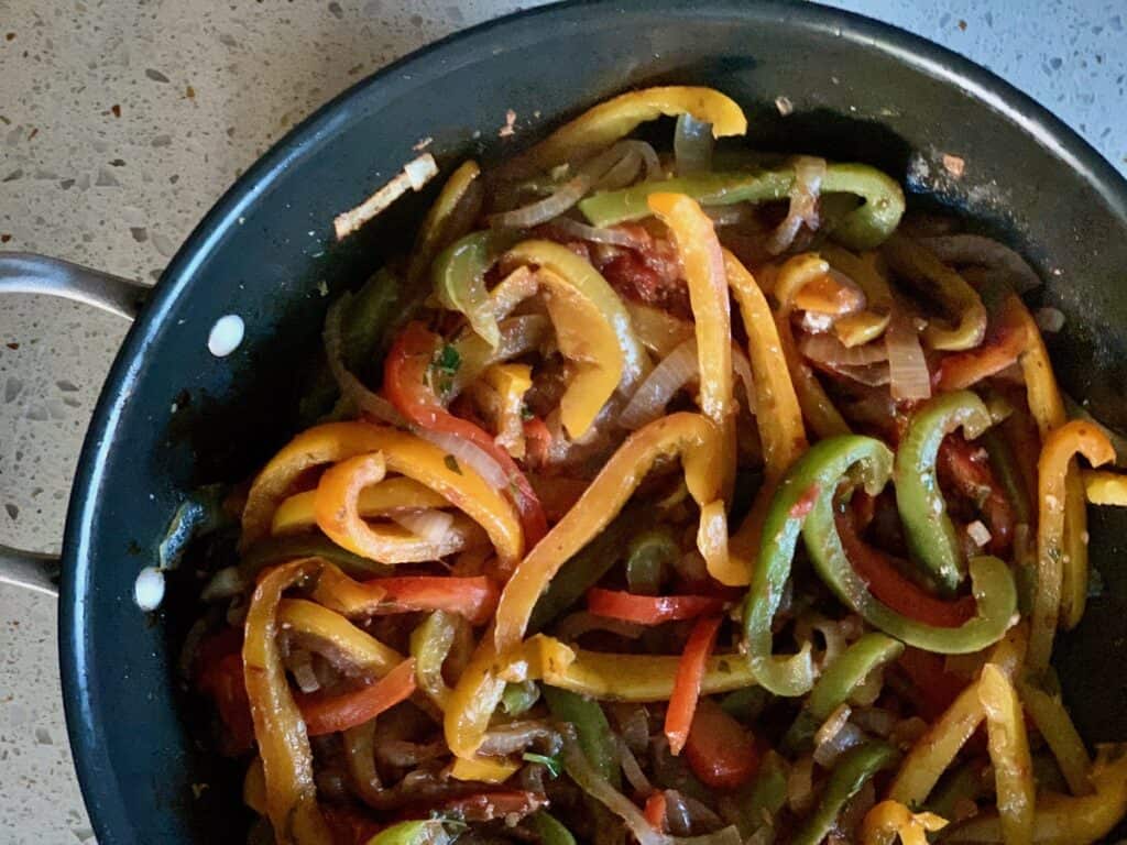 Four Pepper Pasta in a shallow cooking pan.