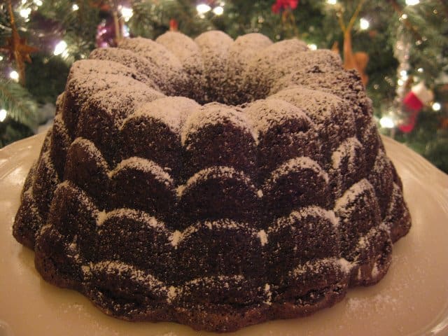 Bourbon Chocolate Cake dusted with powdered sugar