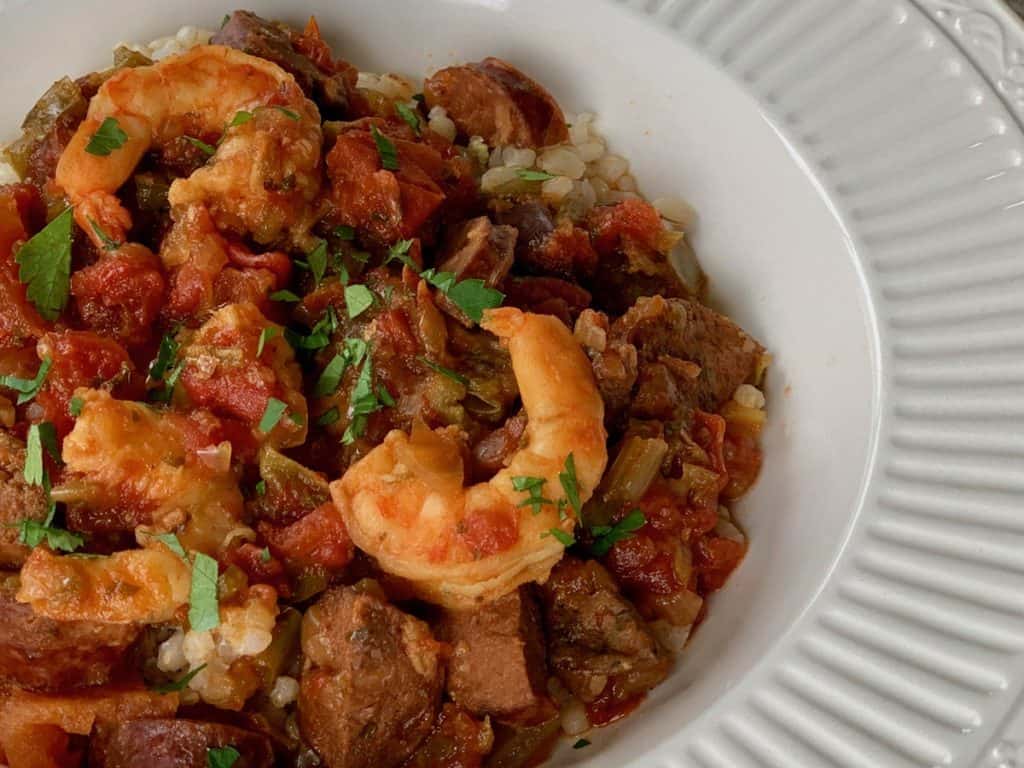Jambalaya, made in a slow cooker, features shrimp and is served over rice.