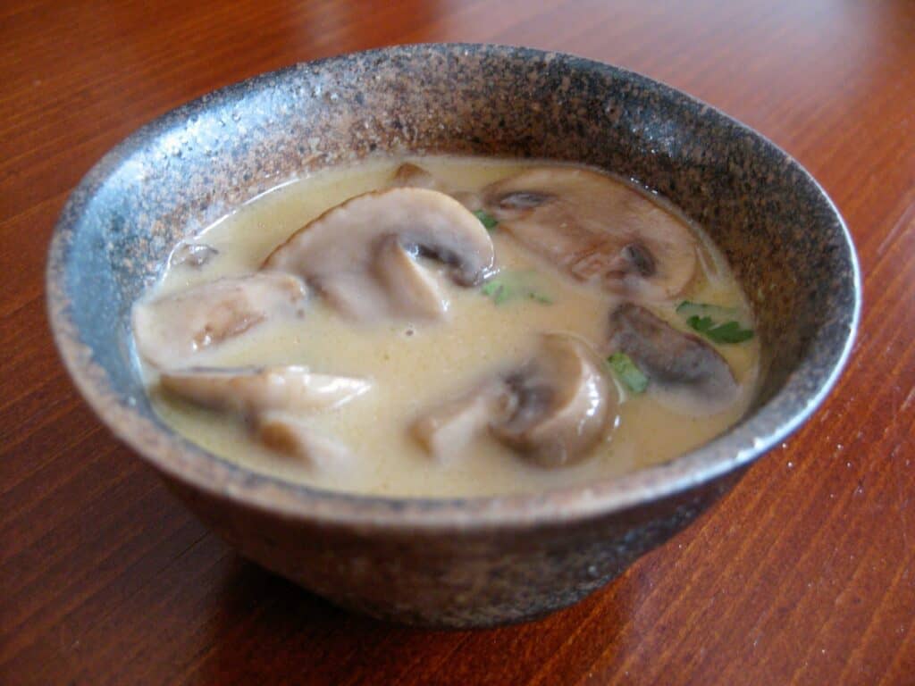 Mushroom Coconut Soup served in a rustic bowl.