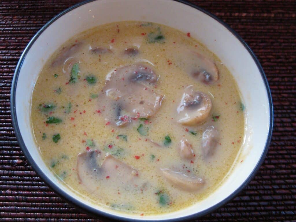 Mushroom Coconut Soup  dusted with chopped cilantro and flakes of pink peppercorn.