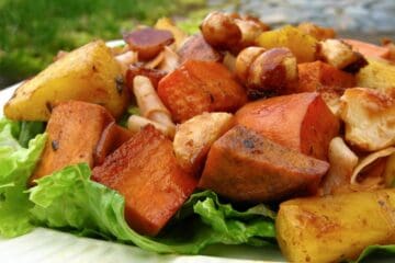 Roasted Sweet Potatoes and Pineapple with Macadamia Nuts and strips of ham.