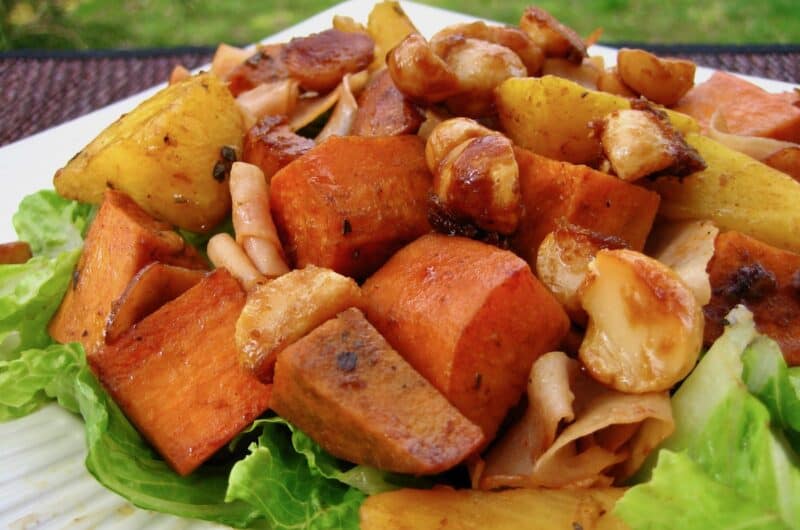 Roasted Sweet Potatoes and Pineapple with Macadamia Nuts