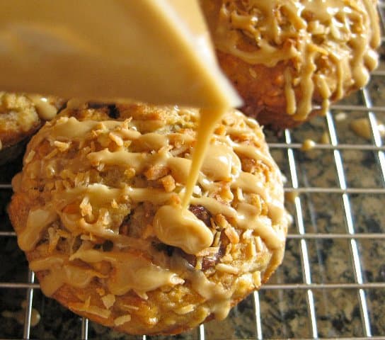 Glaze drizzled on a Java Monkey Muffin.