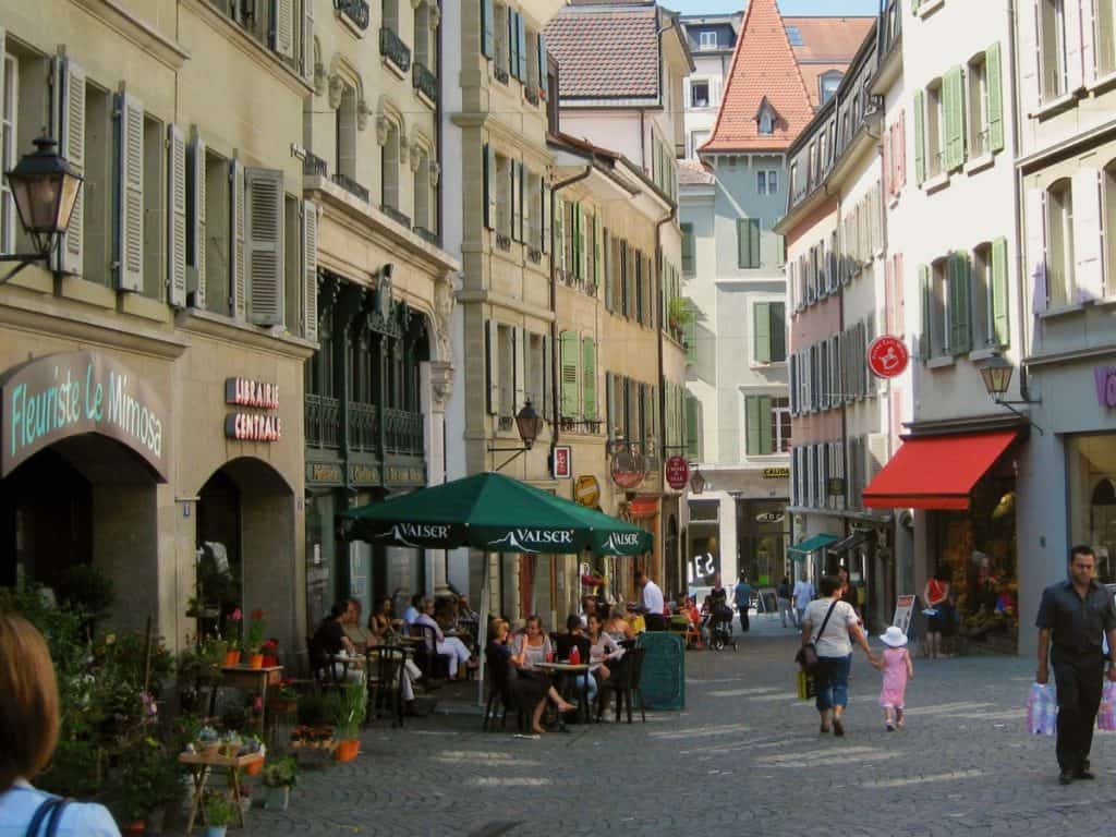 A cafe along the cobblestone streets of Lausanne, Switzerland.