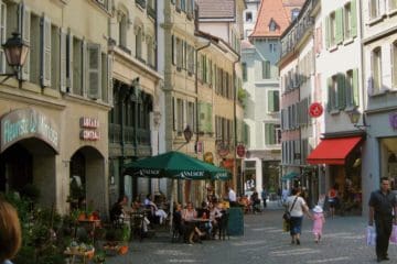 A cafe along the cobblestone streets of Lausanne, Switzerland.