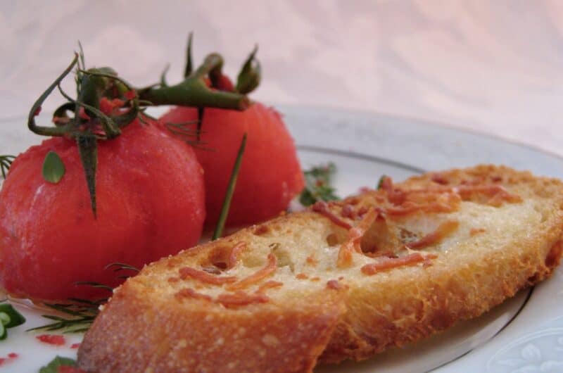 Stemmed Tomatoes Stuffed with Herbed Goat Cheese and Parmesan Crostini