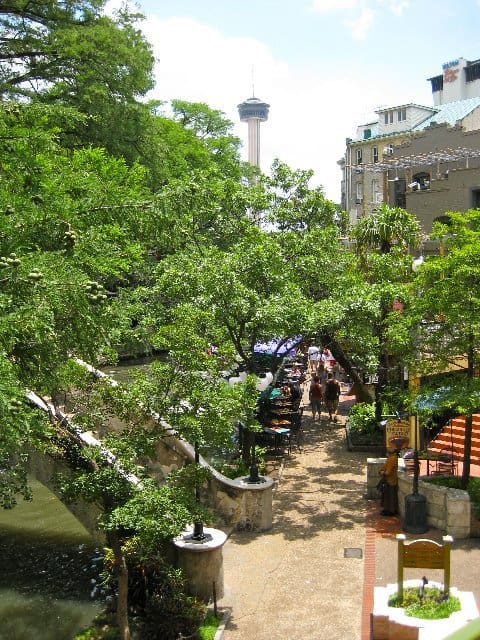 Walking bridges cross the Riverwalk in San Antonio, Texas.