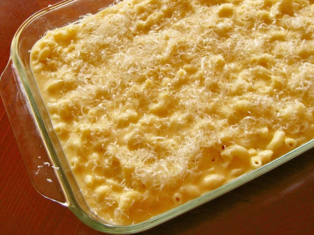 Macaroni and Cheese in a 9x13-inch glass casserole just before baking.