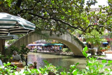 A foot bridge crosses the river at San Antonio's Riverwalk.