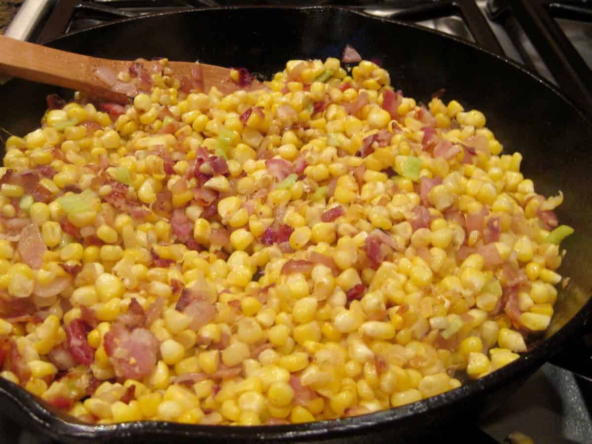 Pan Roasted Corn cooked in a cast iron skillet.