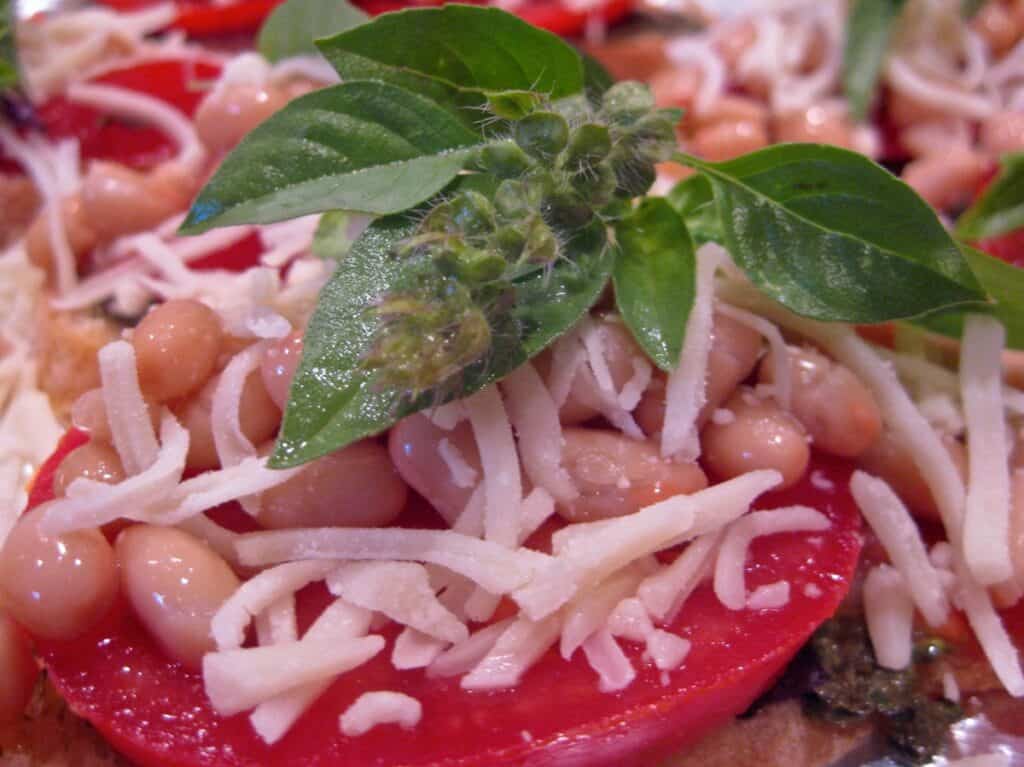 Pesto on French Bread topped with fresh tomato slices, white beans, shredded mozzarella and a sprig of flowering basil.