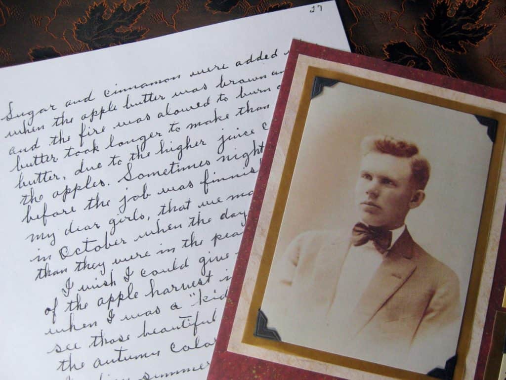 Uncle Hal's handwritten Memoirs regarding Apple Butter and a photo of Uncle Hal.