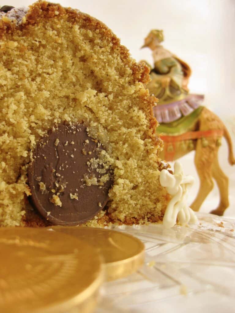 Eggnog Pound Cake for Twelfth Night cut to reveal the chocolate coin hidden inside.