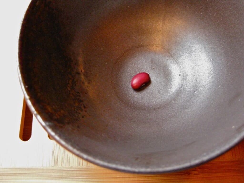 A single dry red bean in the bottom of a black glazed bowl on top of a wooden tray.
