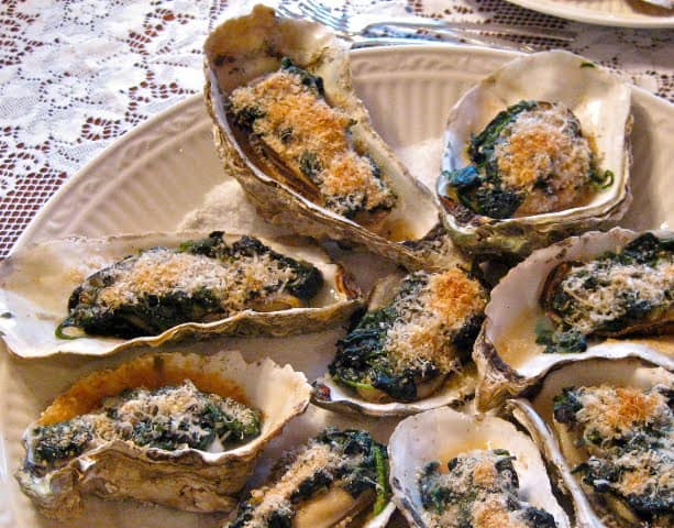 Oysters Buffett, in shell with spinach, crumb and parmesan topping