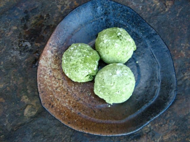 Green Tea Truffles on a Japanese dish and stone tray