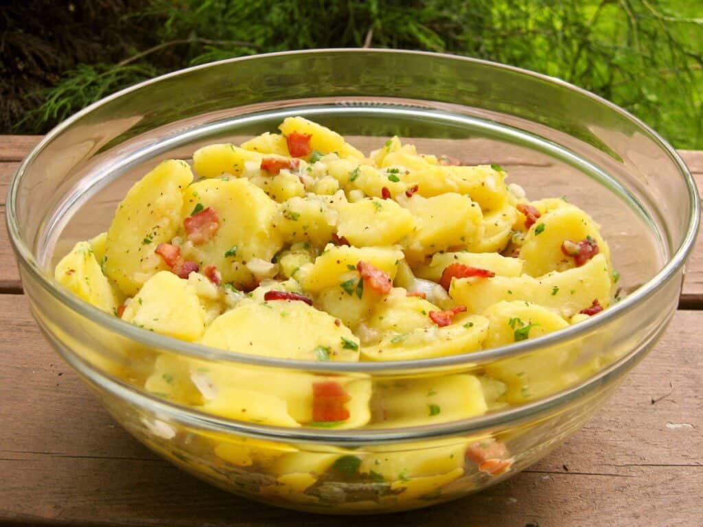 Hot German Potato Salad in a glass bowl.