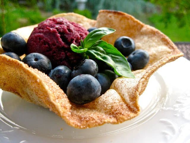 Cinnamon Sugar Tortilla Cup filled with Blueberry Granita, plump blueberries and a sprig of basil