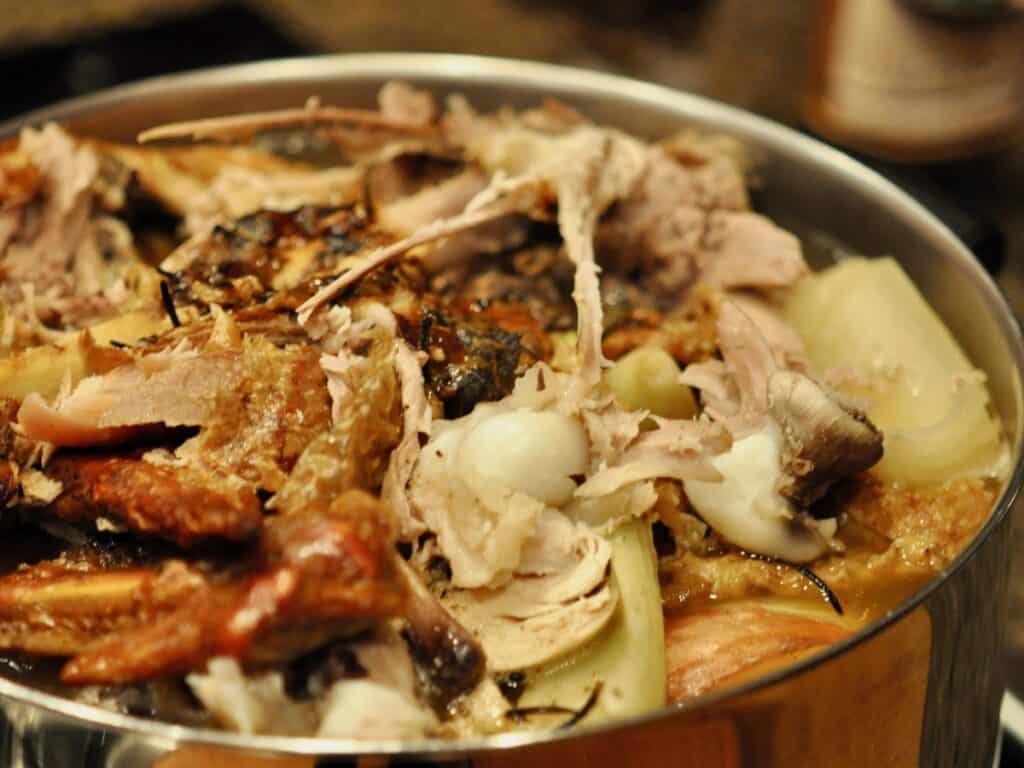 Turkey carcass, bits and vegetables will make delicious Turkey Stock. 