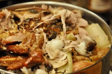 Turkey carcass, bits and vegetables will make delicious Turkey Stock.