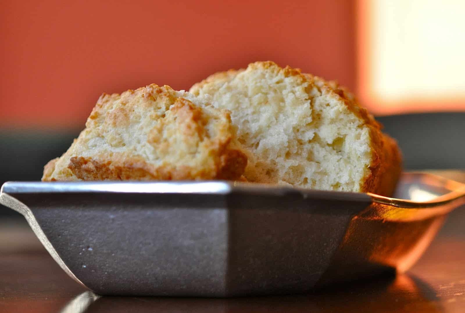 Uncle Hal's Homemade Biscuits served as a loaf in a pewter basket.