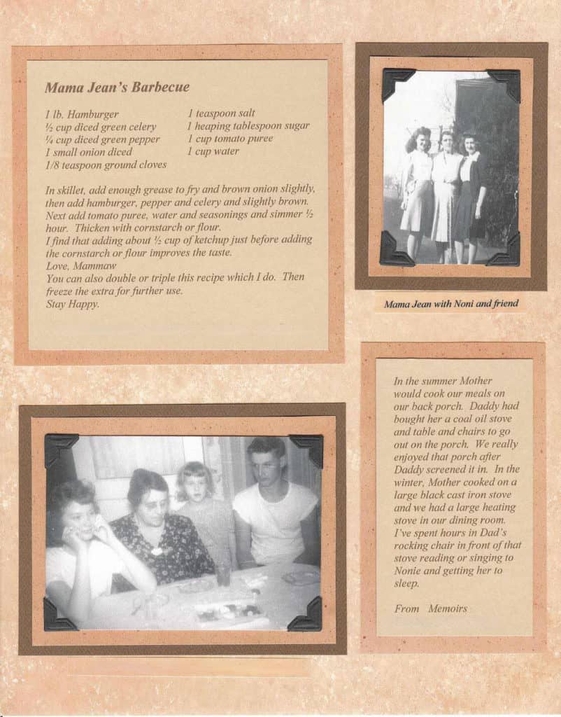 A Page from my Family Heirloom Cookbook that includes the recipe for Mama Jean's Barbecue