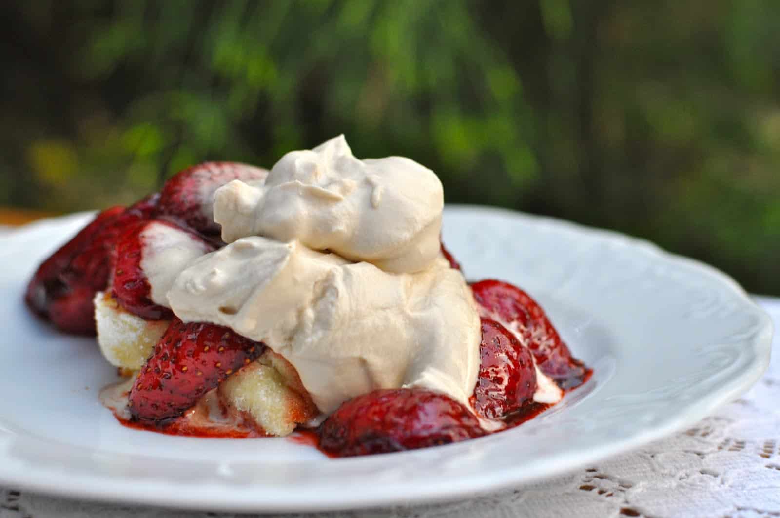 Pan Roasted Balsamic Strawberries topped with Whipped Cream