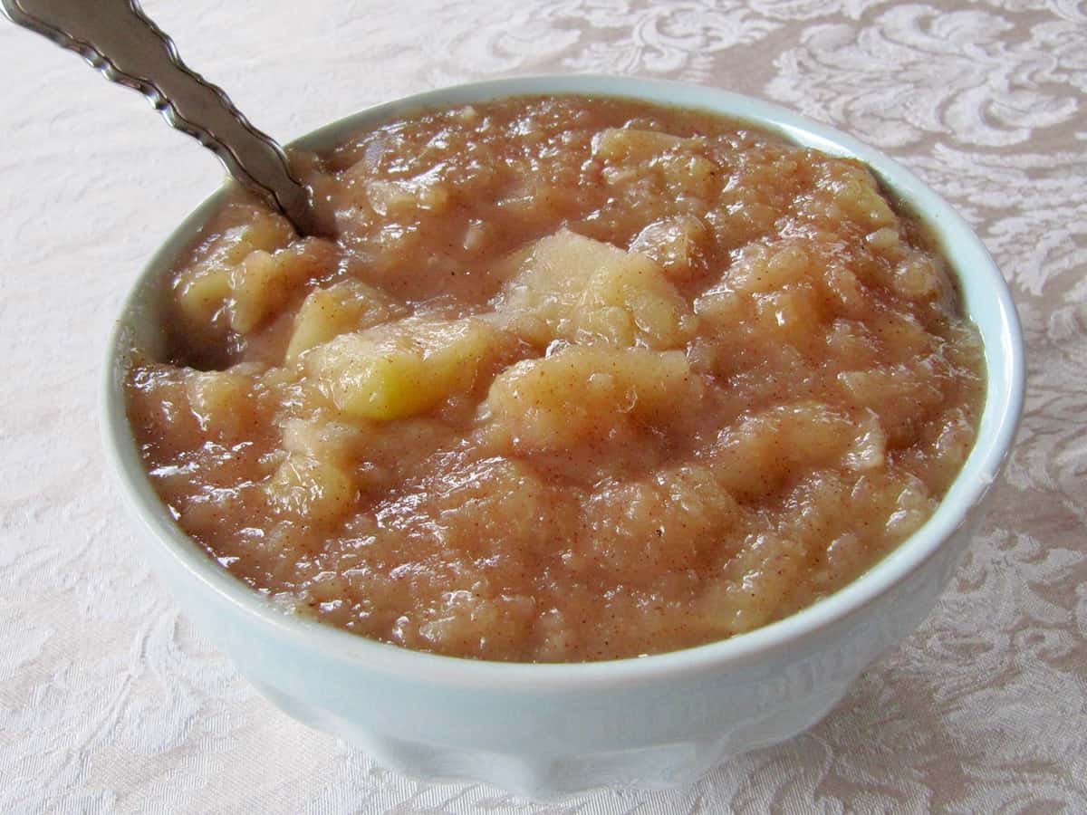 Chunky Stovetop Apples are basically Apple Pie without the crust. Here it is served in a deep blue bowl.