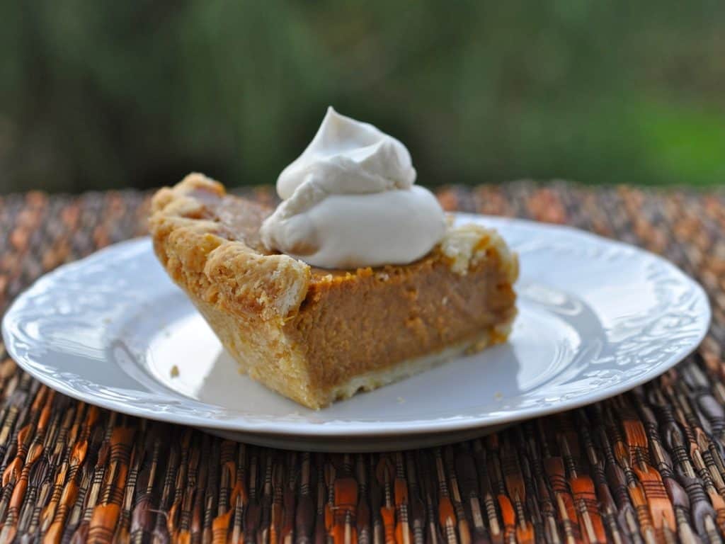 A slice of Pumpkin Pie topped with sweetened whipped cream on a white dessert plate.