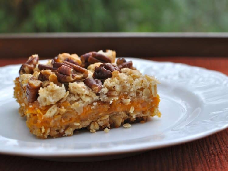 Spirited Southern Sweet Potato Bars with toasted pecan topping on a white dessert plate in the garden.