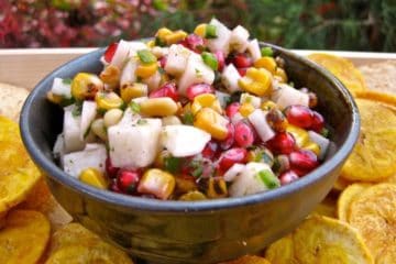 Pomegranate and Roasted Corn Salsa with Plantain Chips