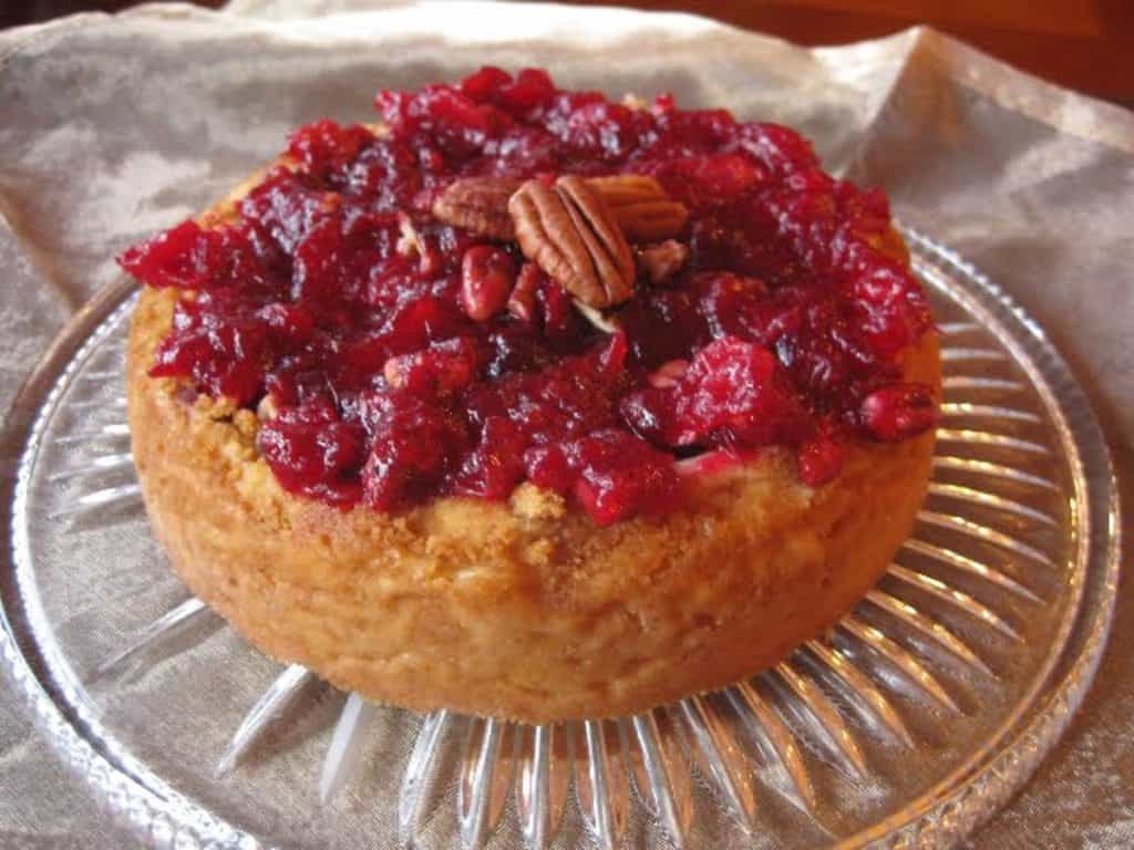 Cranberry Cheesecake Spread topped with Cranberry Relish and served on a crystal plate. 