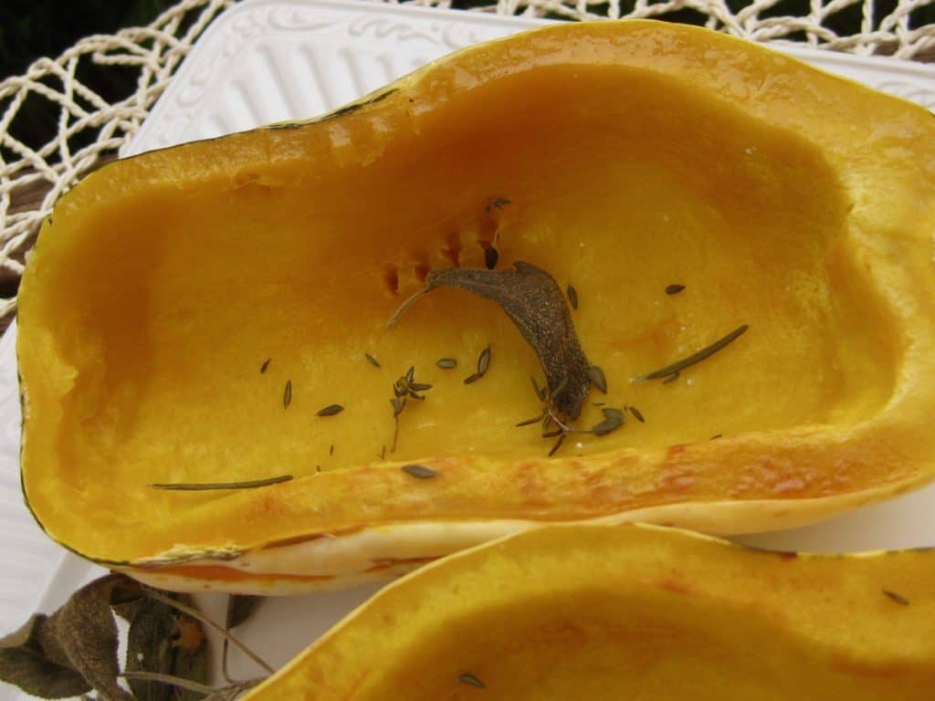 Roasted Delicata Squash half with sage leaf on a white plate