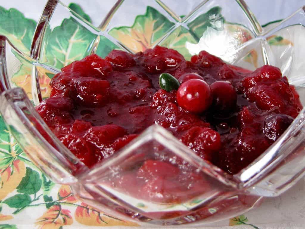 Bourbon Vanilla Cranberry Relish in a glass bowl.