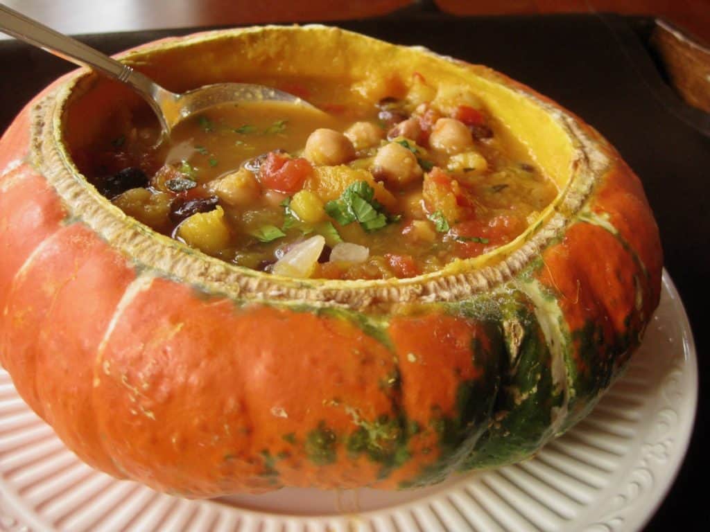 Squash and Hominy Stew served in a turban squash bowl.