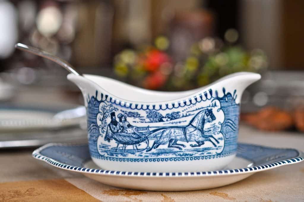 Courier & Ives Ironstone Gravy Boat on our Thanksgiving Table.