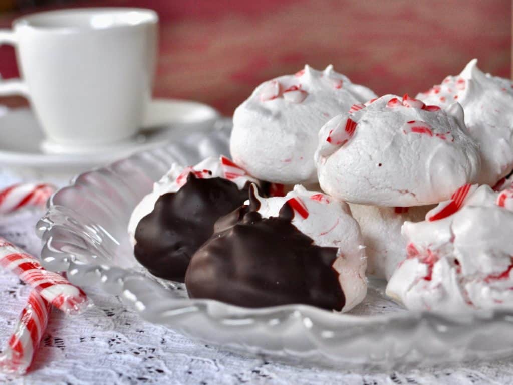 Peppermint Dream Meringue Cookies can be dipped in dark chocolate for a tempting variation.