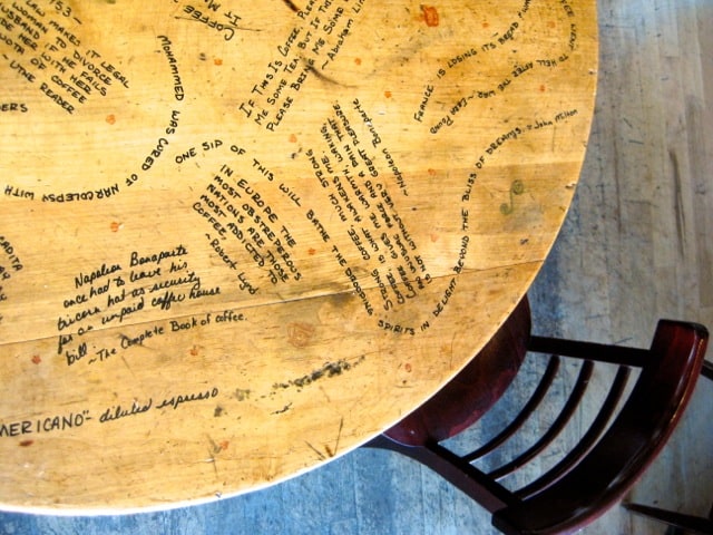 A series of quotes concerning coffee adorn the tables at Coal Creek Coffee Company in Laramie, WY.