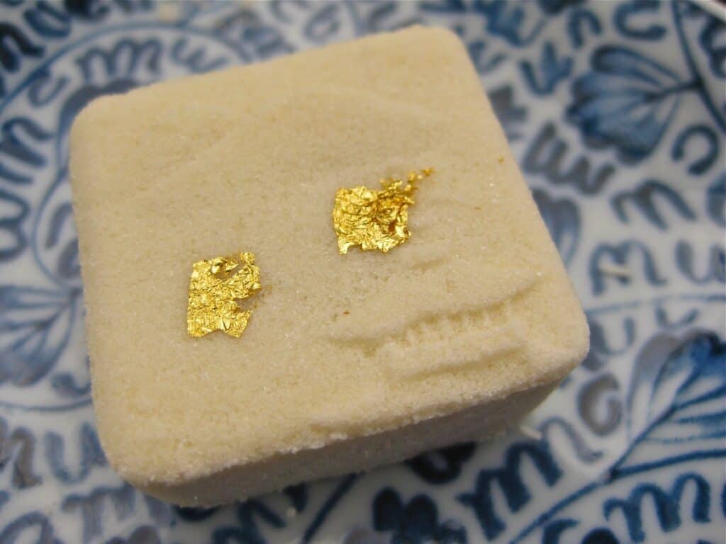 A gold flecked tea sweet from the Golden Pavilion in Kyoto, Japan.